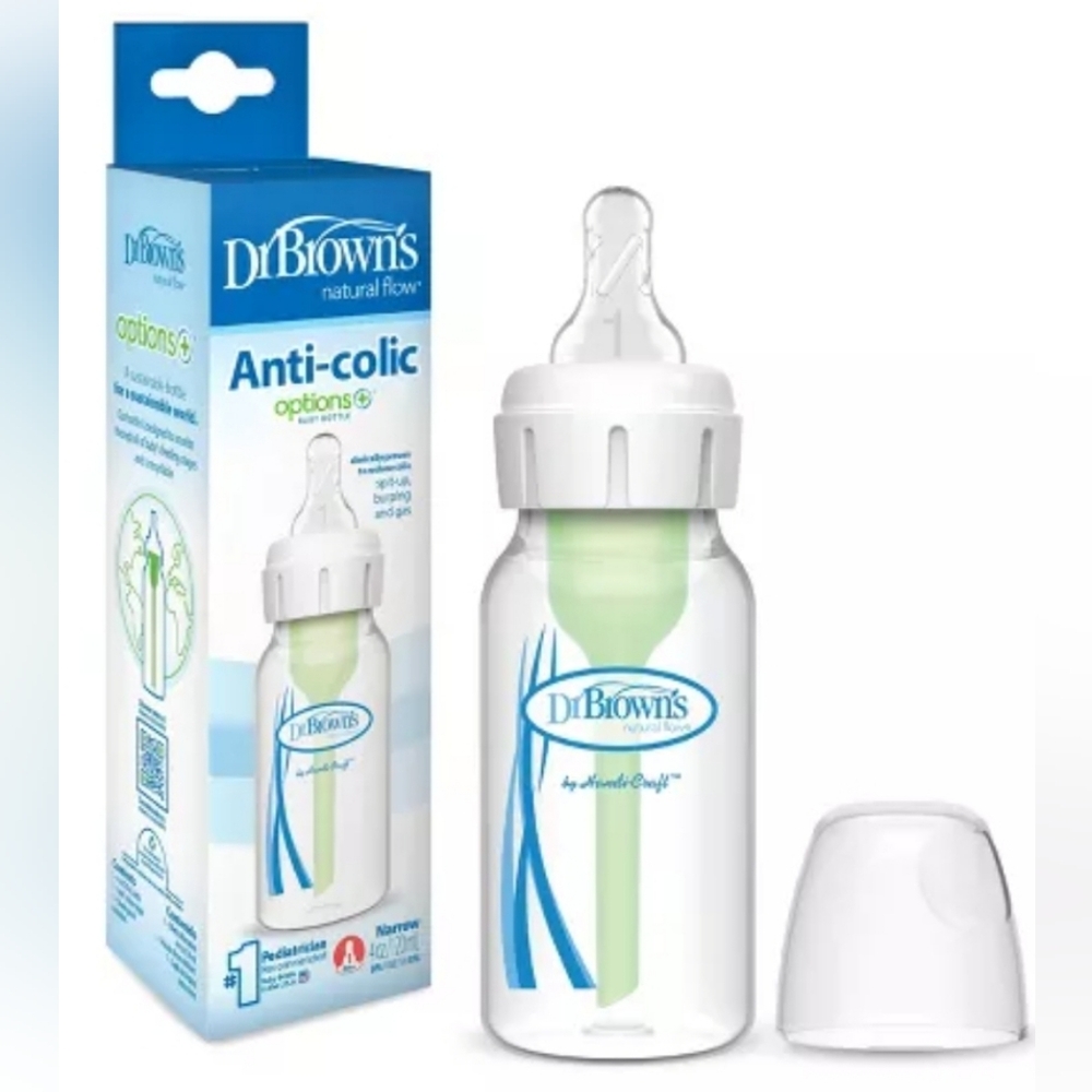 Dr. Brown's Options+ Baby Bottle, 4oz. Level 1 silicone nipple and cap.